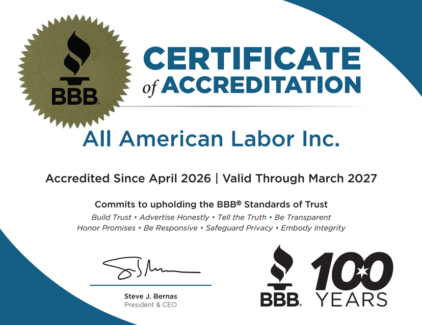 BBB Certificate of Accreditation — All American Labor Inc.